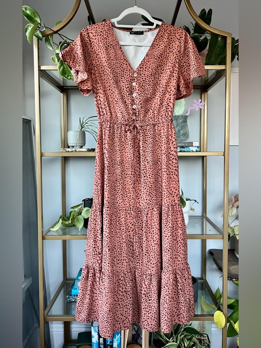 PrettyGarden Brick Red Flowy Boho Tiered Midi Dress in S